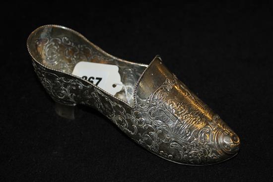 Continental embossed silver shoe, import marks for 1894